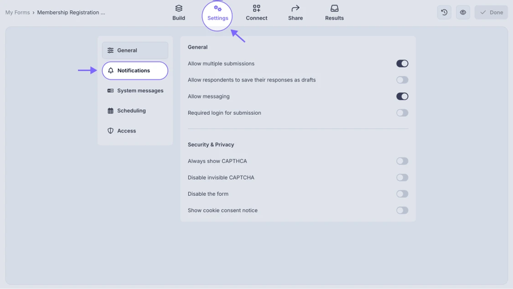 An image showing how to access the Notifications tab by first opening the Settings section