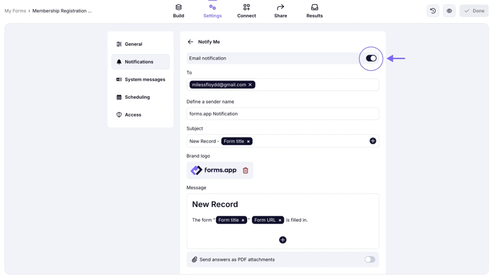 An image showing turning on the Email notification toggle in the Notify Me section