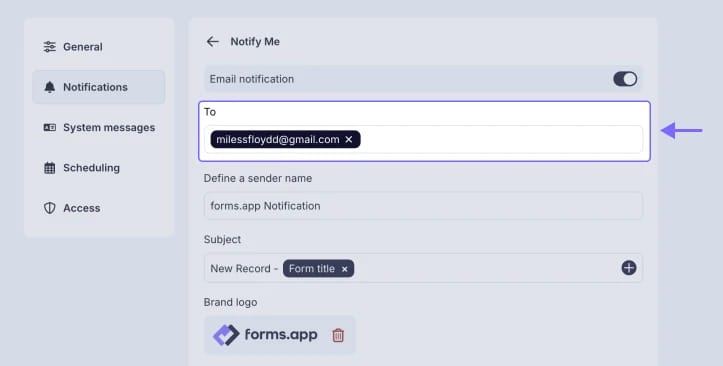 An image showing the “To” section where you can add your email addresses for receiving notifications