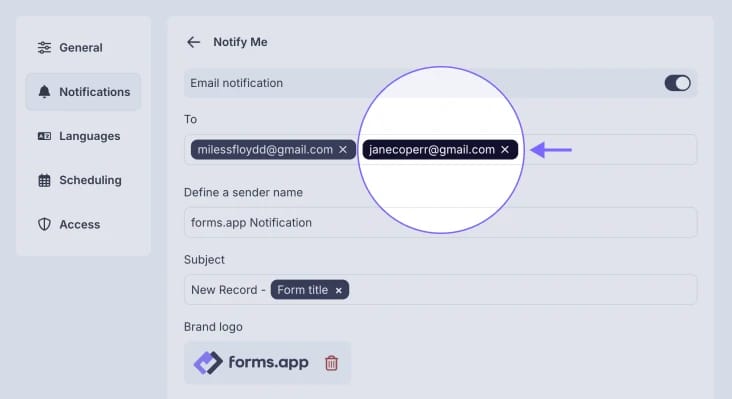 An image showing how the email address you just added turns purple, showing that the email address is confirmed and receiving notifications
