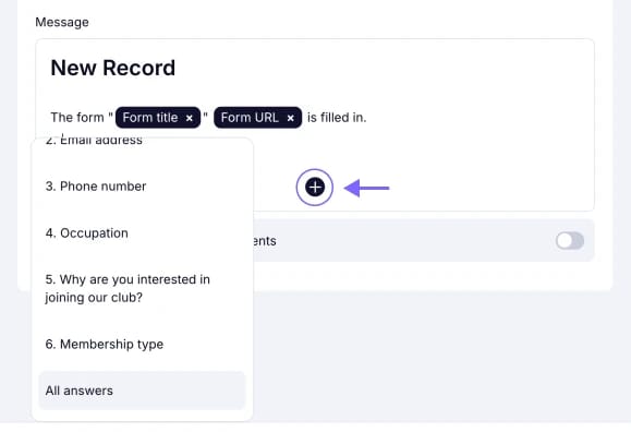An image showing the addition of variables of form fields, which you need to add to your email notification message