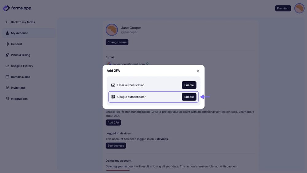 An image showing the pop-up appearing and the “Email authentication” option, which you need to select