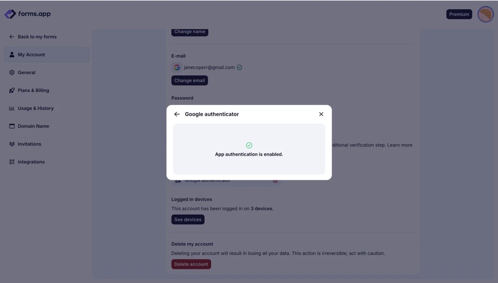 An image showing the pop-up with the successful 2FA set up and the Recovery Codes for you to copy