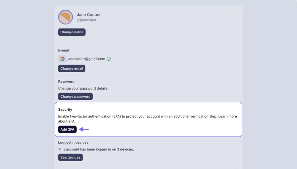 An image showing the “Security” area where you will find the “Add 2FA” button