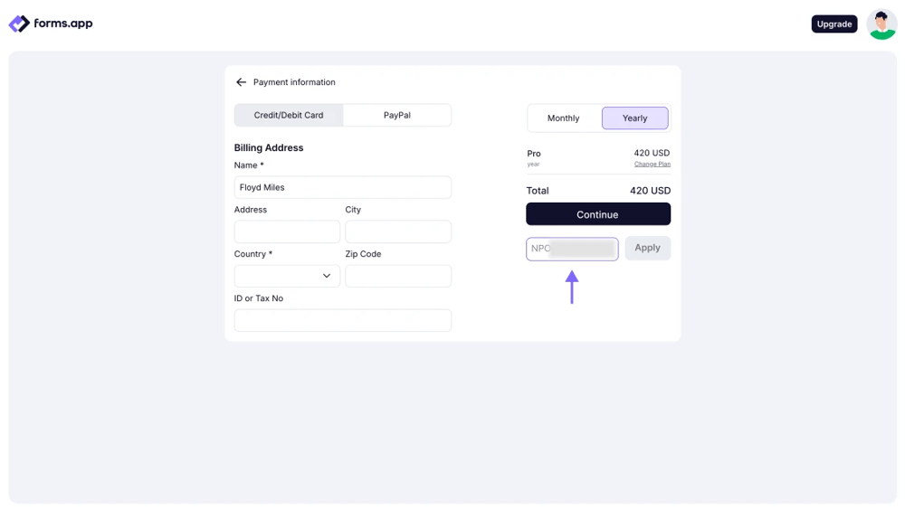 An image showing the area where you need to enter the discount code, in case you have one, to get the plan for a lower price