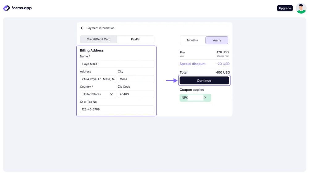 An image showing the area where you need to enter your billing address details and the “Continue” button, which you need to click after