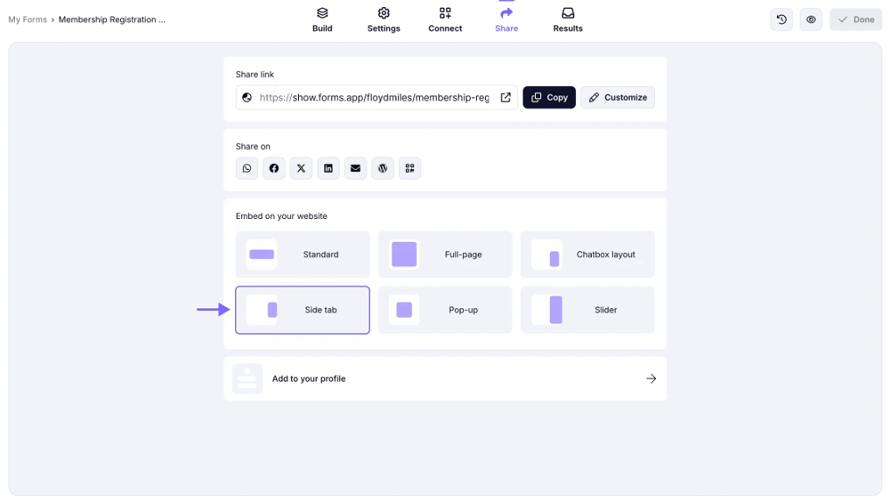 An image showing where you can locate the “Side tab” option from all the embedding options provided