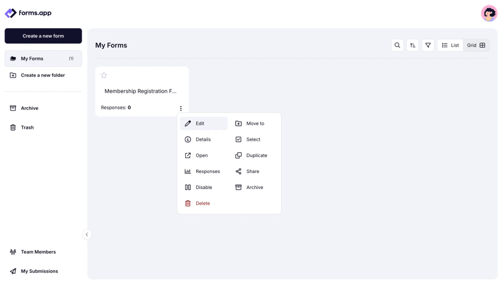 An image showing accessing your form from the Dashboard