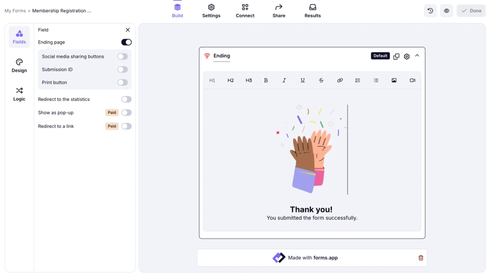 An image showing an example of the customized Ending page
