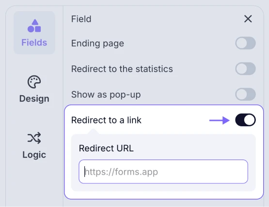 An image showing the Redirect to a link option in the Ending page settings