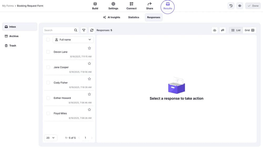 An image showing how to access the “Results” tab once you open your form