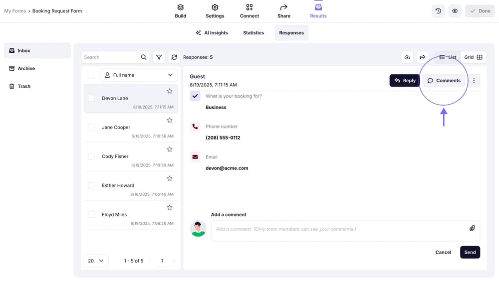 An image showing the “Comments” button you need to click to access the comment section of the selected response