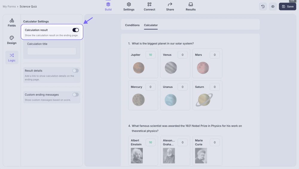 An image showing where you can find the “Calculation result” toggle and enable it