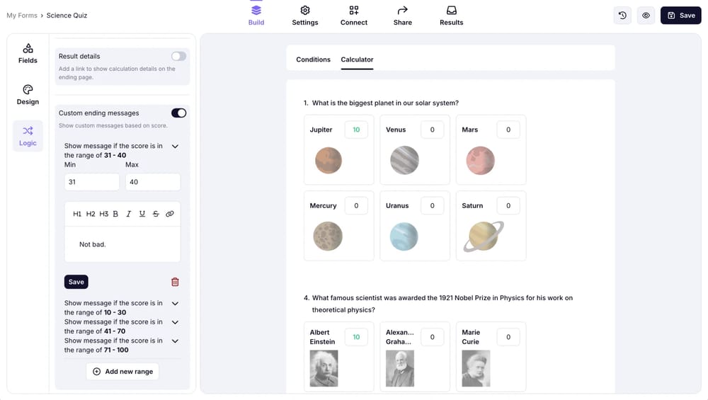 An image showing an example of the added range and the custom message for this particular range result