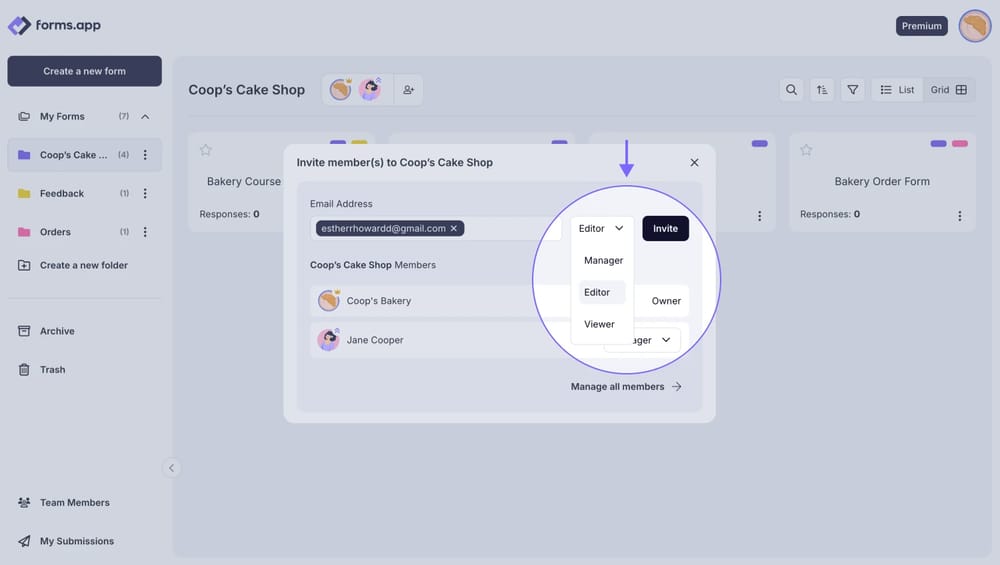 An image showing the menu where you can select the role of your team member and the “Invite” button, which you need to click once you are done