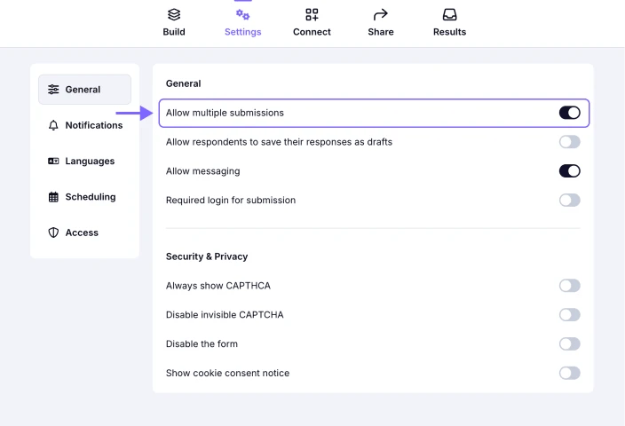 An image showing the enabled Allow multiple submissions toggle in the General settings area