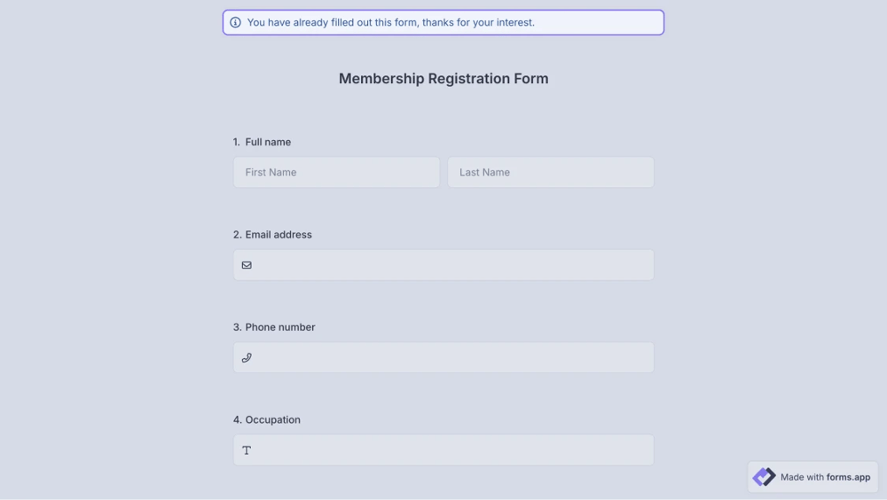 An image showing an example of the warning the respondent will see in case they access the already submitted form once again