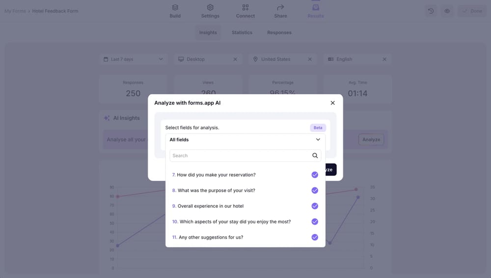 An image showing the “AI insights” button you need to click and the menu from which you can select the form fields for future analysis