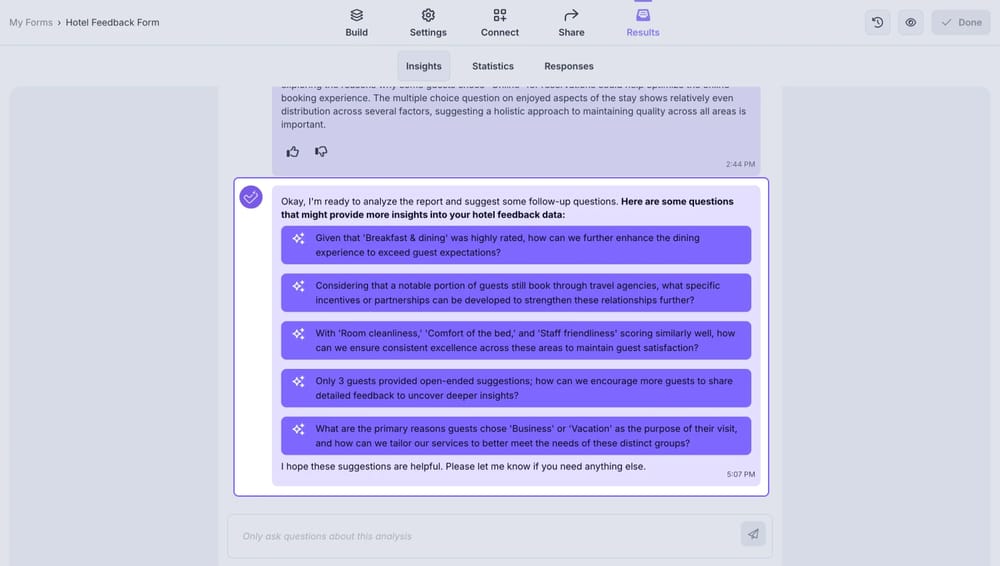 An image showing an example of questions to ask, which are given by the AI chat after it provides the full analysis