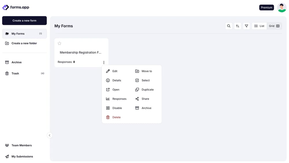 An image showing how to access the options menu by clicking the form needed on your Dashboard