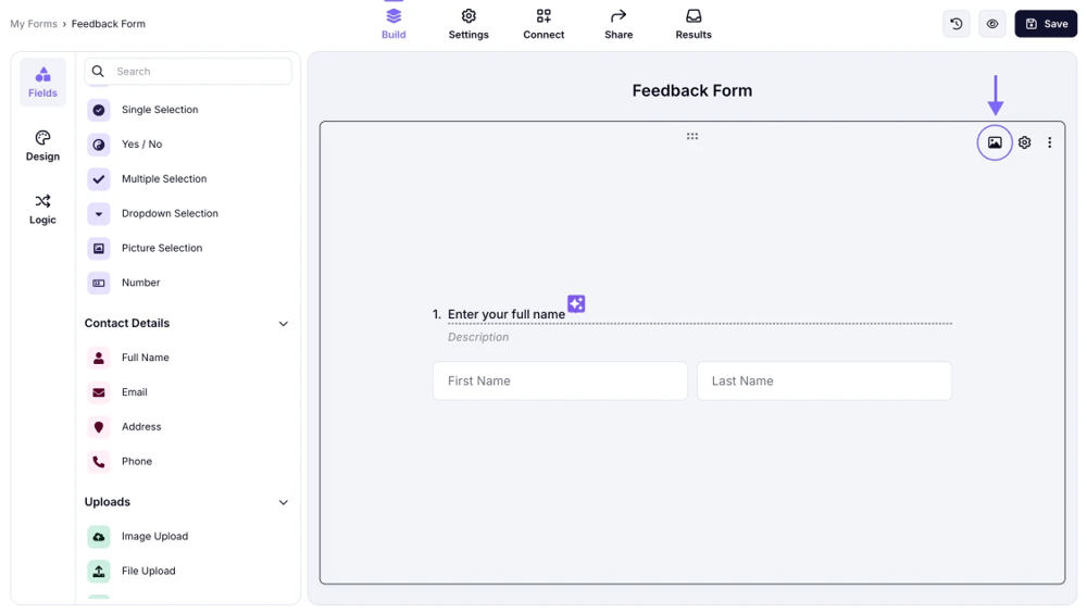 An image showing the “Image” icon, which you need to click to add media to your field