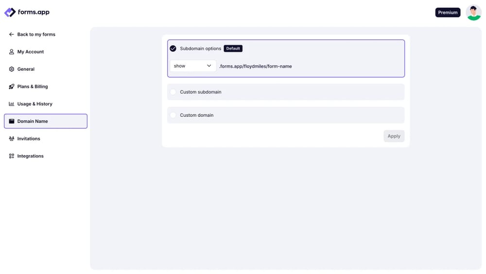 An image showing the “Domain name” option from the left menu, where you need to select the “Subdomain options” section