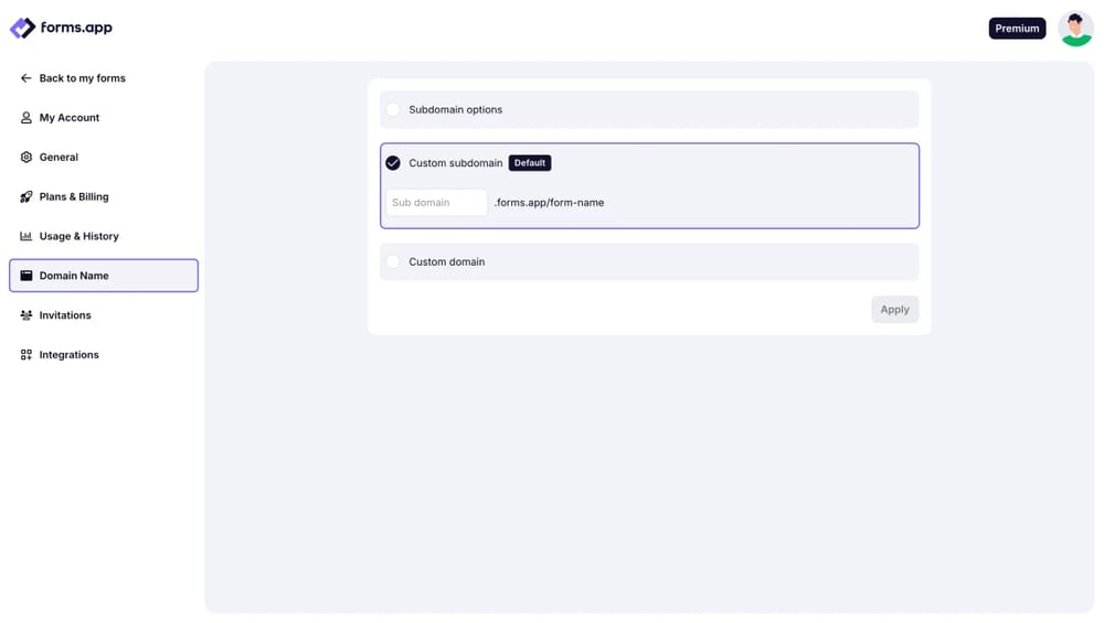 An image showing the “Domain name” option from the left menu, where you need to select the “Custom subdomain” section
