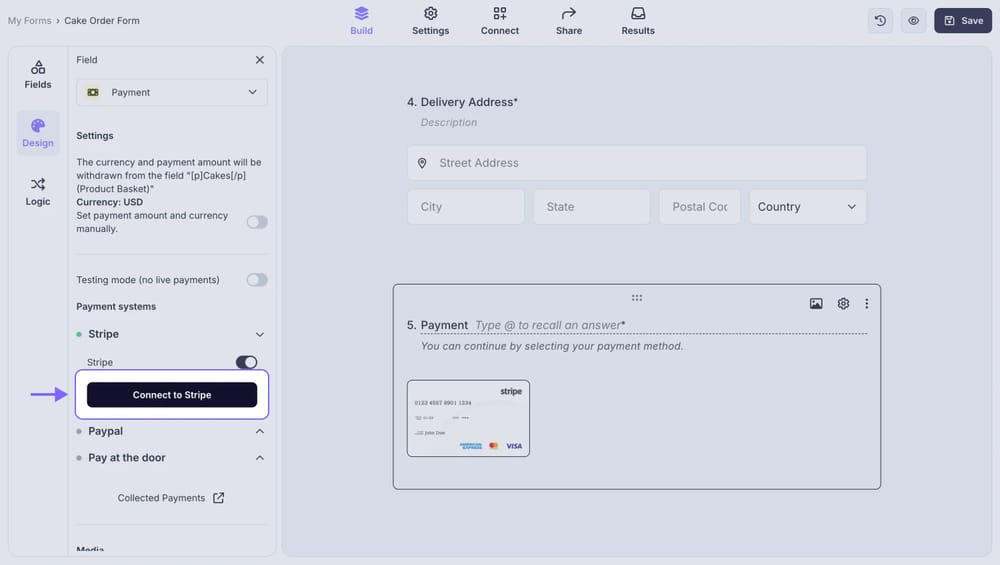 An image highlighting the “Connect to Stripe” button in the field settings