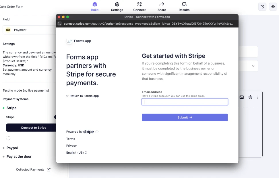 An image showing the pop-up appearing where you need to log in to your Stripe account