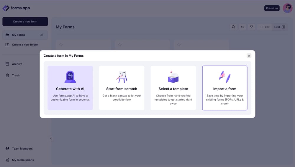 Auswahl der Option „Formular importieren“ auf forms.app
