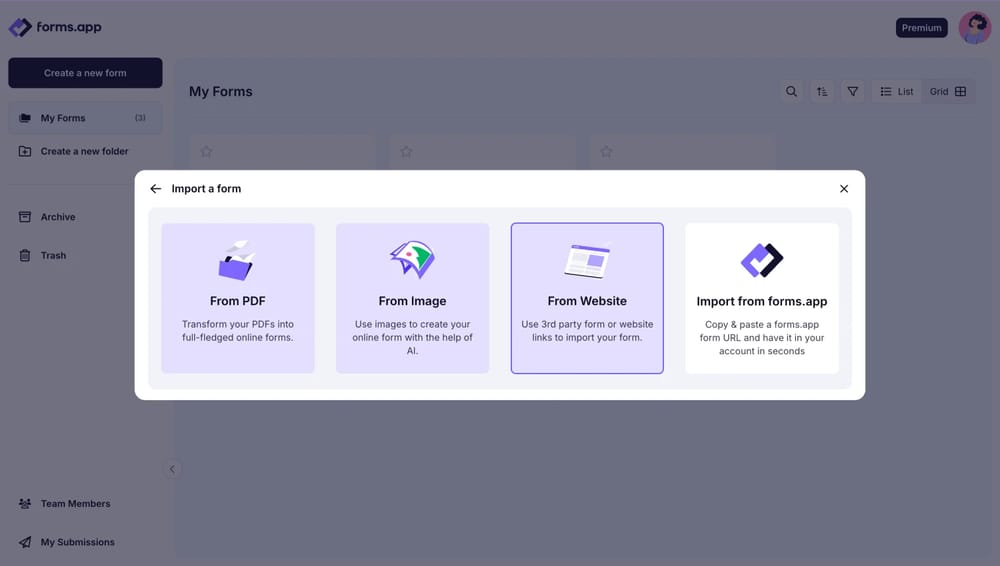 Auswahl der Option „Von Website“ auf forms.app