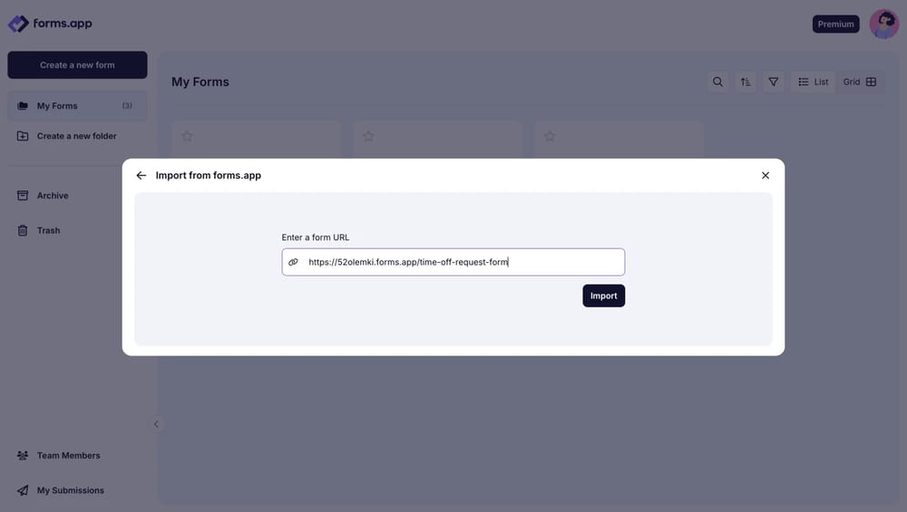 Importieren eines Formulars auf forms.app