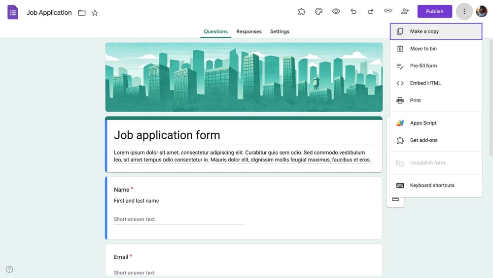 Erstellen einer Kopie innerhalb von Google Formulare
