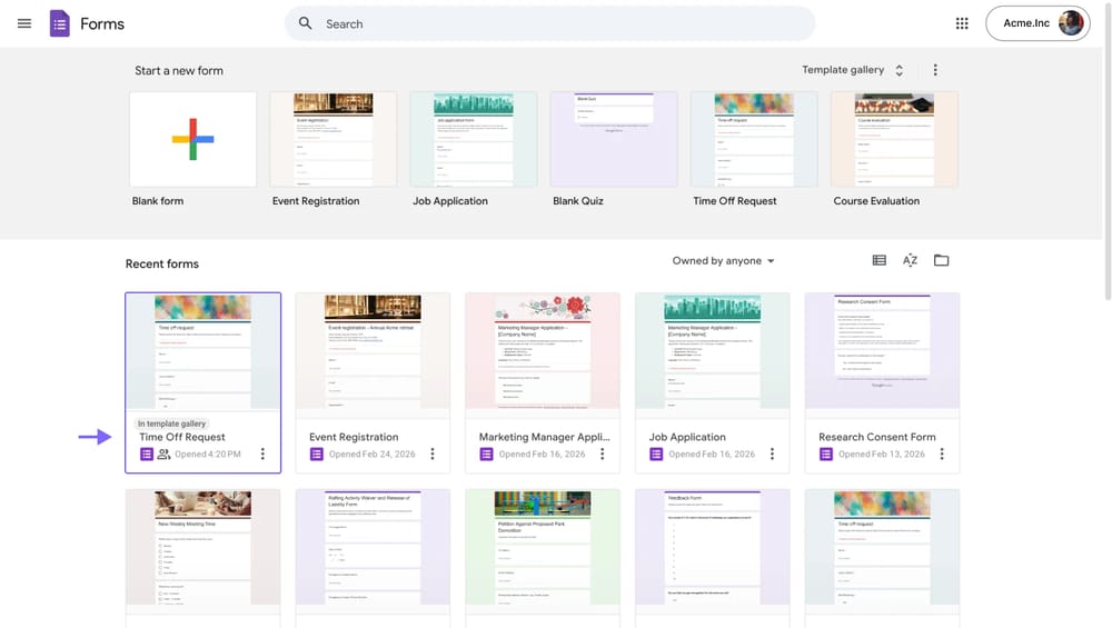 Verwenden einer benutzerdefinierten Google Formular-Vorlage
