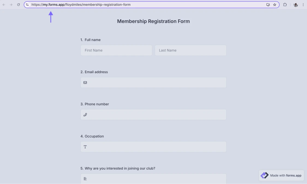 An image showing the example of the ready form URL that you edited
