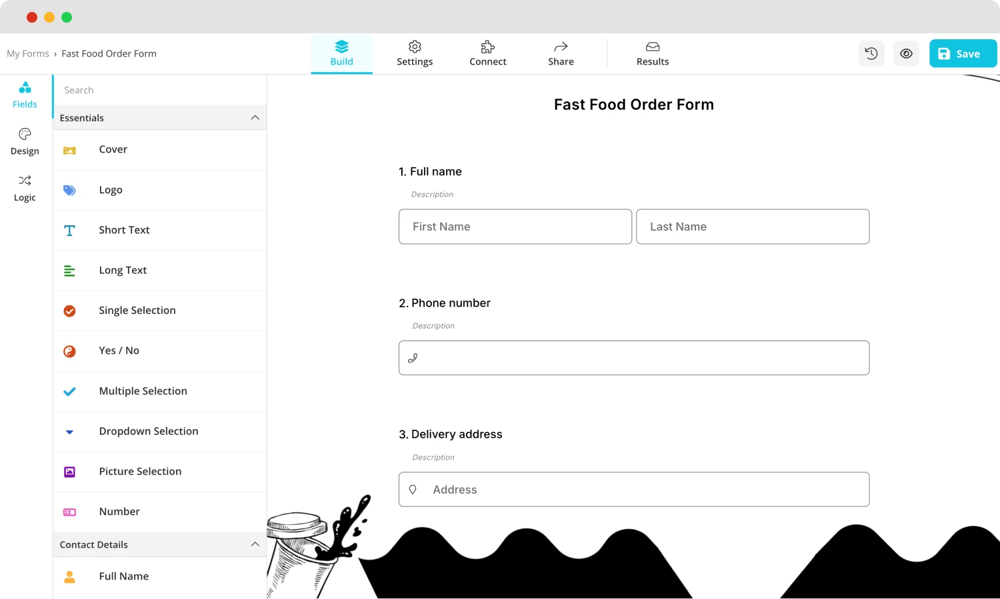 Add your fast food form questions