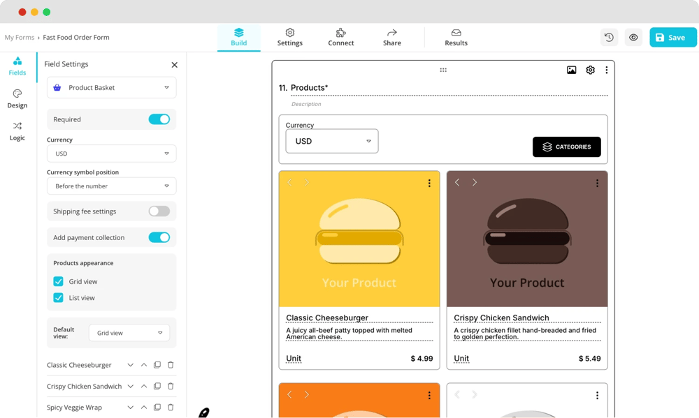 Customize your fast food form