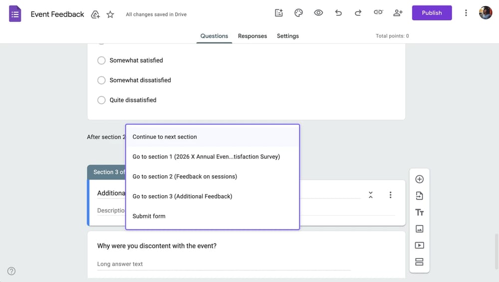 Google Forms'da Bölüm yönlendirme seçenekleri