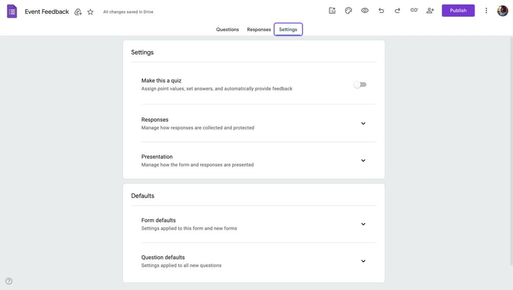 Google Forms ayarlar sekmesi