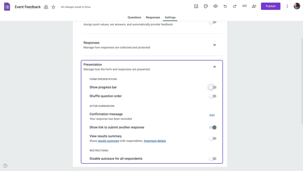 Google Forms “Sunum” ayarları