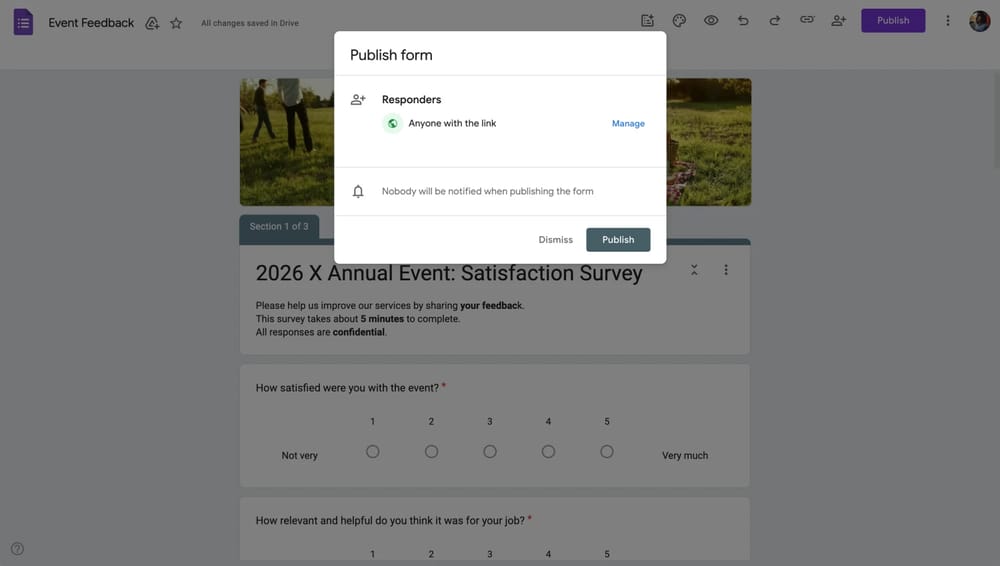 Google Forms “Yayınla” menüsü