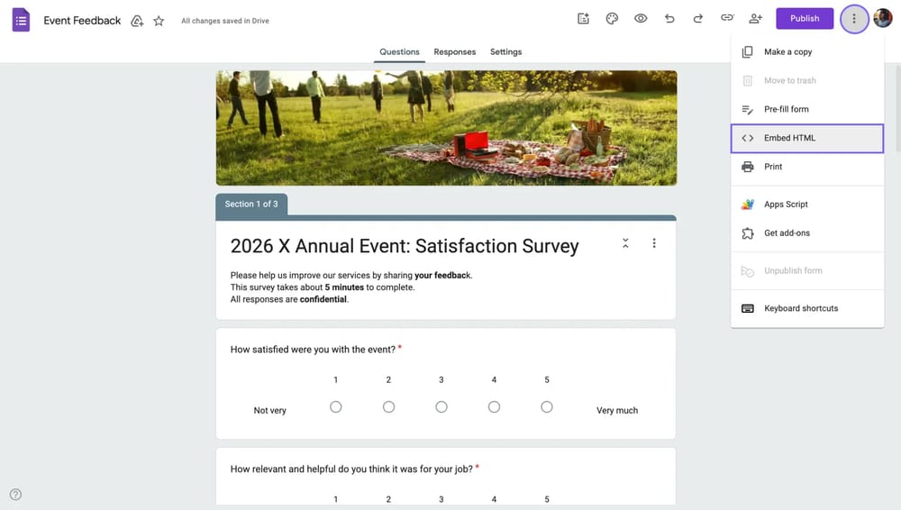 Google Forms "HTML Gömme" seçeneği