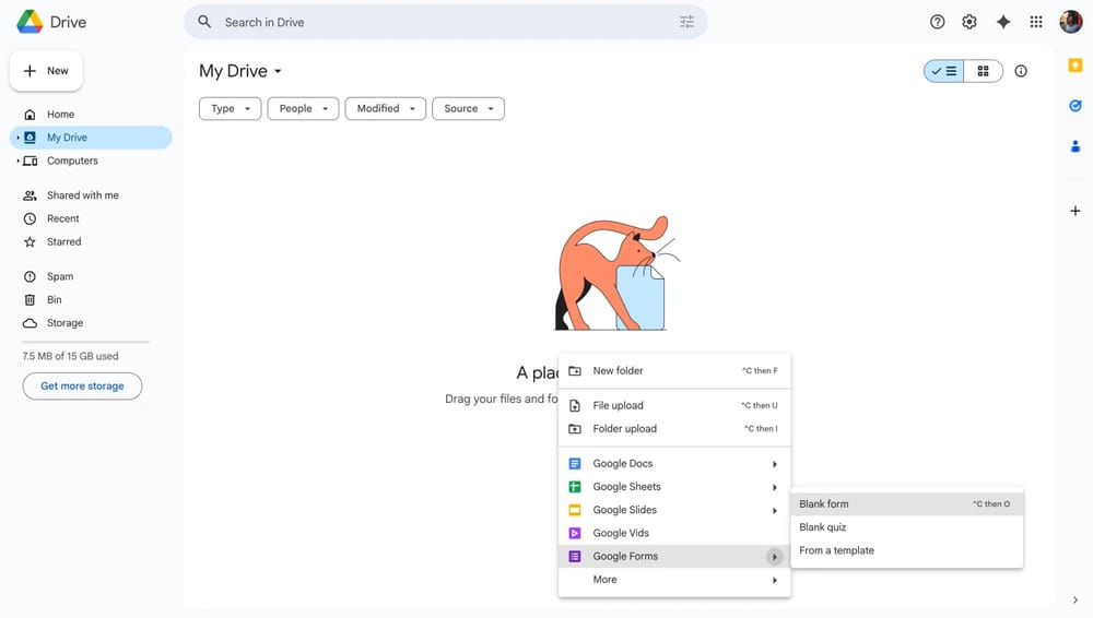 Google Drive'daki sağ tıklama menüsünden Google Forms seçeneği