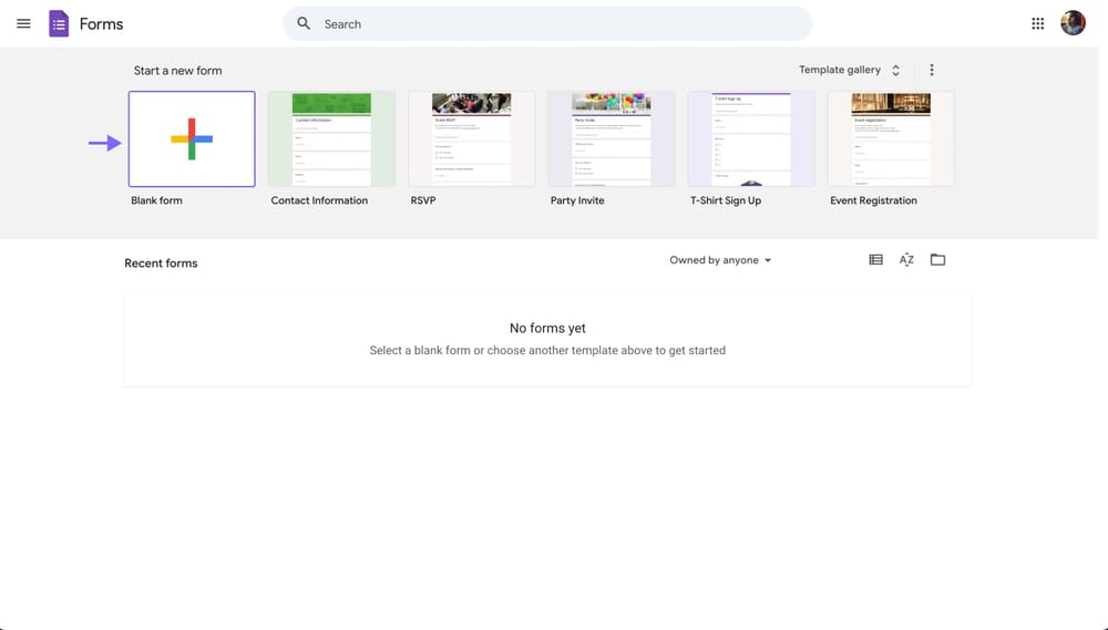 Google Forms panelindeki boş form seçeneği