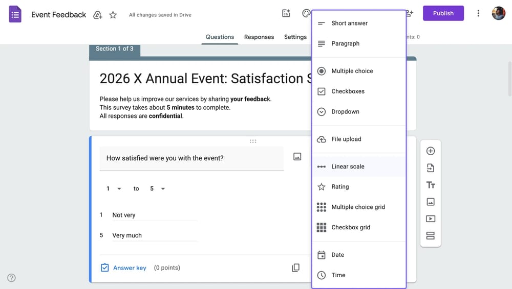 Google Forms’daki soru türü açılır menüsündeki seçenekler