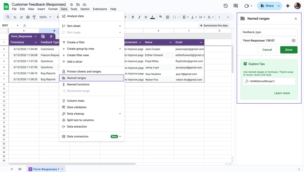 Nomeando intervalos de dados nas Planilhas do Google vinculadas