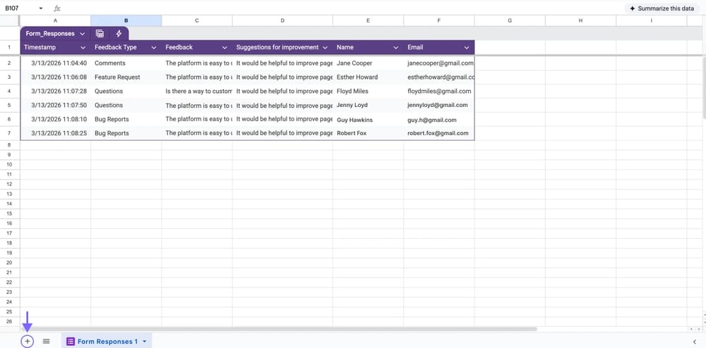 Criando uma planilha de resumo clicando no botão de adição no canto inferior esquerdo