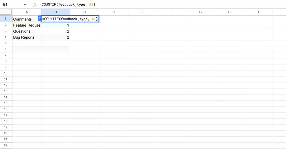 Inserindo a fórmula CONT.SE para contar e buscar respostas