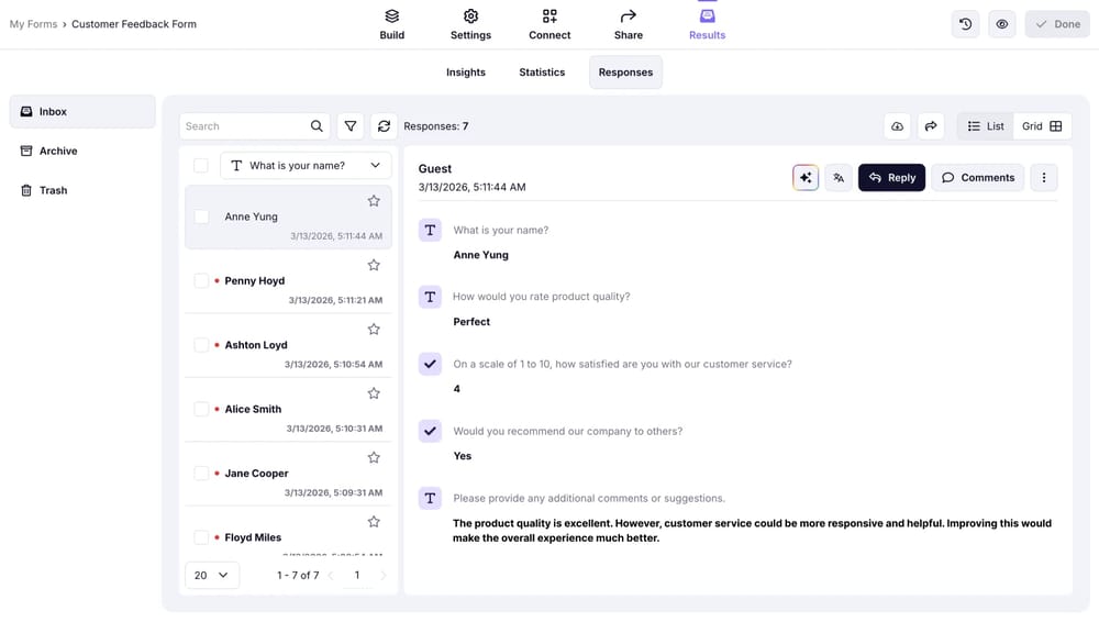 A guia Respostas nos forms.app