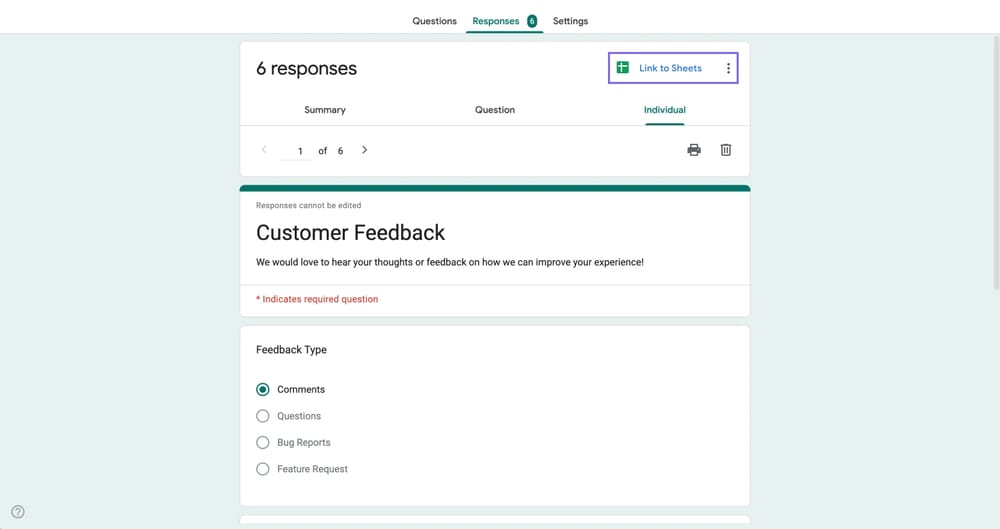 Opção de vinculação com o Google Sheets no Google Forms